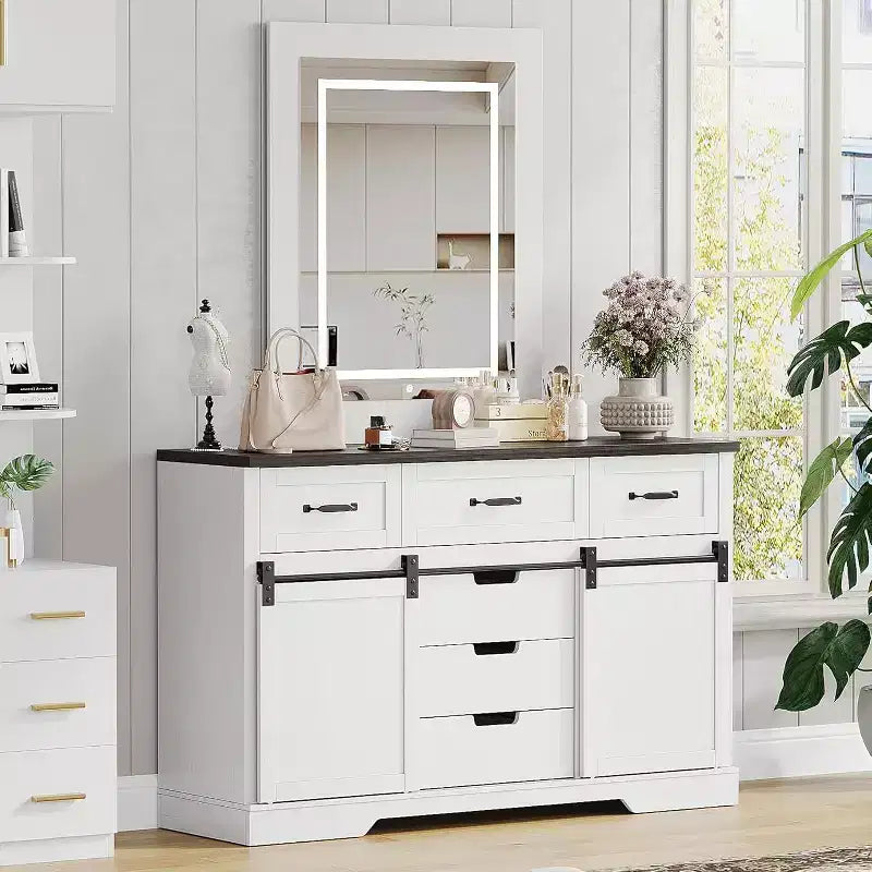Acekool Farmhouse 6 Drawer Dresser with Sliding Barn Doors, Rustic Chest & TV Stand Organizer for Bedroom, Living Room
