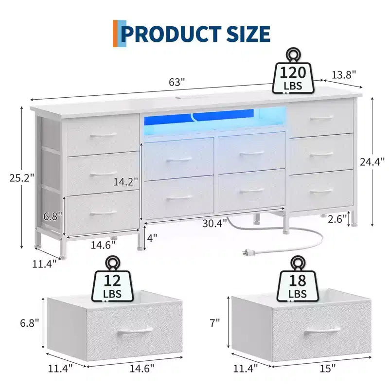 Mobile porta TV per TV da 65, 70, 75 pollici, Cassettiera lunga a 10 cassetti, Mobile TV per centro di intrattenimento da 63 pollici con cassetti per riporre oggetti
