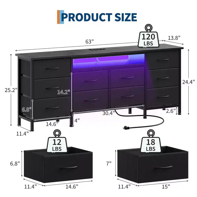 Mobile porta TV per TV da 65, 70, 75 pollici, Cassettiera lunga a 10 cassetti, Mobile TV per centro di intrattenimento da 63 pollici con cassetti per riporre oggetti