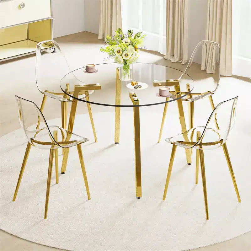 Tavolino da Caffè, Stile Moderno Minimalista Rotondo Trasparente in Vetro Temperato, Piano in Vetro Temperato, Gambe in Metallo, Dorato