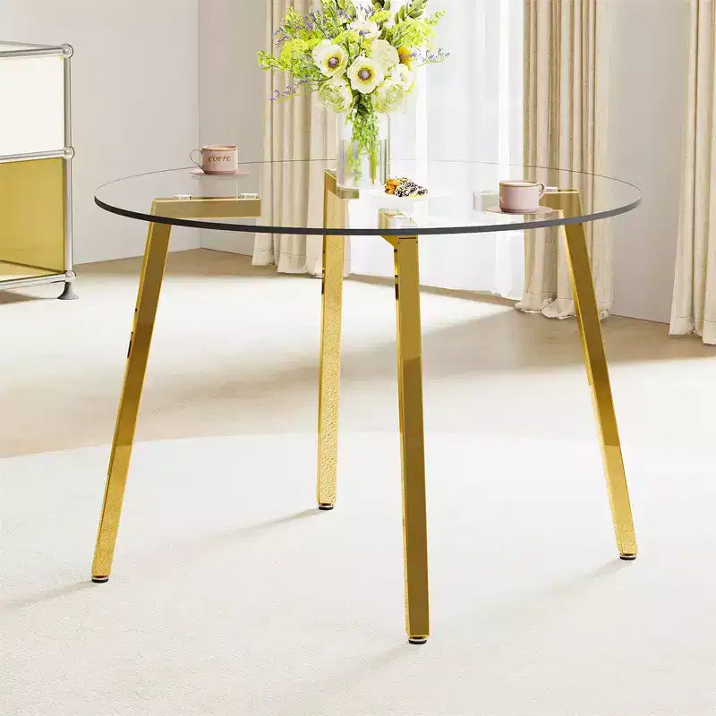 Tavolino da Caffè, Stile Moderno Minimalista Rotondo Trasparente in Vetro Temperato, Piano in Vetro Temperato, Gambe in Metallo, Dorato