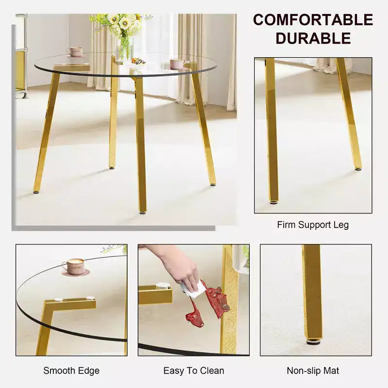 Tavolino da Caffè, Stile Moderno Minimalista Rotondo Trasparente in Vetro Temperato, Piano in Vetro Temperato, Gambe in Metallo, Dorato