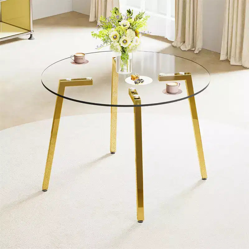 Tavolino da Caffè, Stile Moderno Minimalista Rotondo Trasparente in Vetro Temperato, Piano in Vetro Temperato, Gambe in Metallo, Dorato