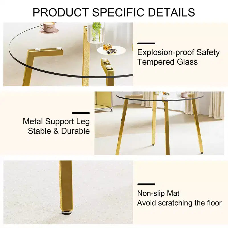 Tavolino da Caffè, Stile Moderno Minimalista Rotondo Trasparente in Vetro Temperato, Piano in Vetro Temperato, Gambe in Metallo, Dorato