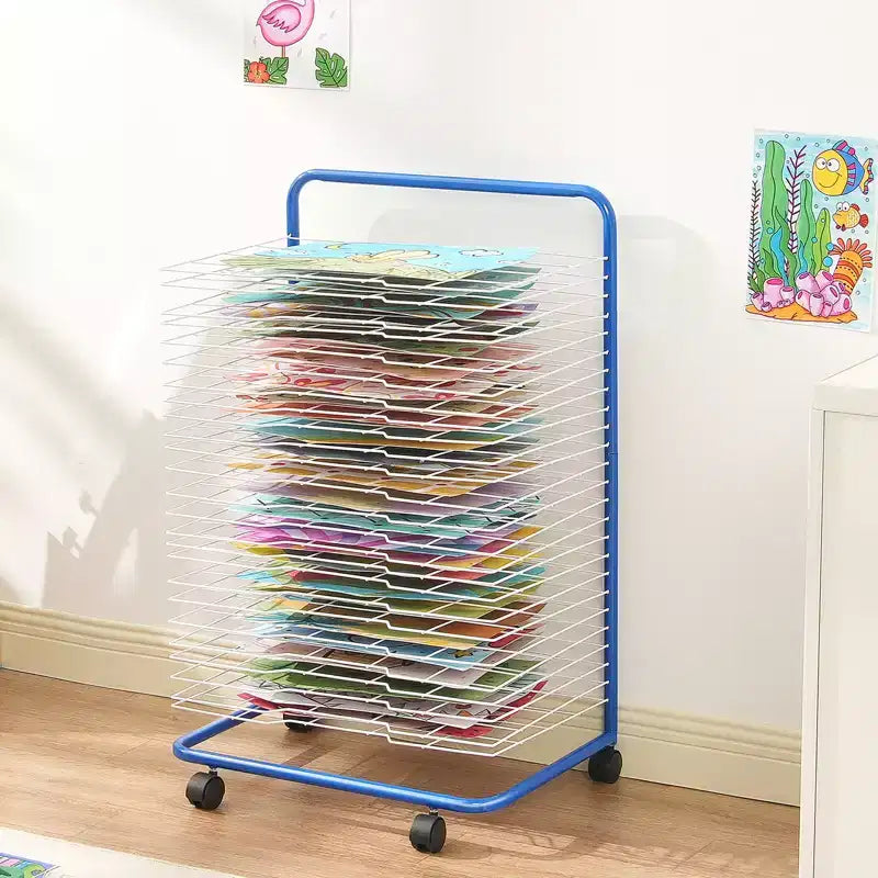 VEVOR Stendino per opere d'arte, 25 ripiani rimovibili 60x44x96,5 cm, Stendino per pittura con ruote bloccabili, Stendino per pittura in acciaio al carbonio, Blu+Bianco