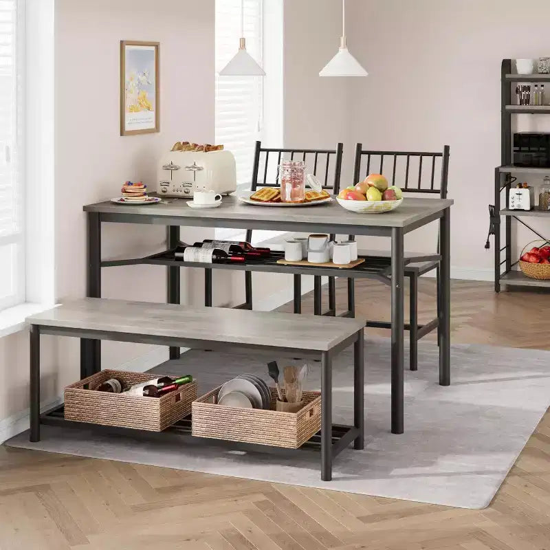 4-Piece Wood Farmhouse Dining Table Set with Bench and Chair, Kitchen Table with Built-in Storage Shelves, Space-Saving Rectangular Table Set for 4
