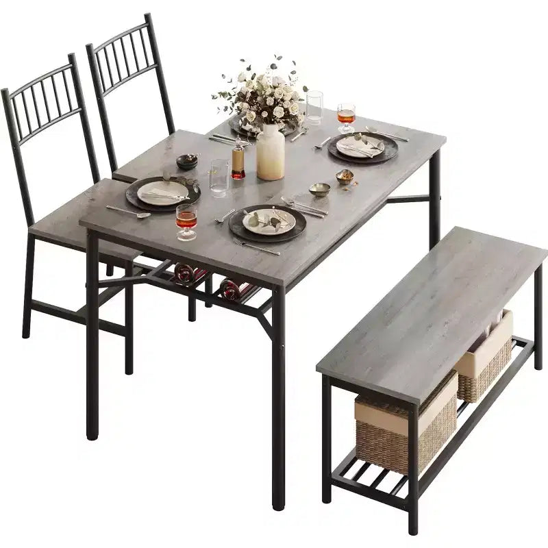 Set da Pranzo in Legno in Stile Rustico da 4 Pezzi con Panca e Sedia, Tavolo da Cucina con Ripiani Contenitori Integrati, Set Tavolo Rettangolare Salvaspazio per 4 Persone
