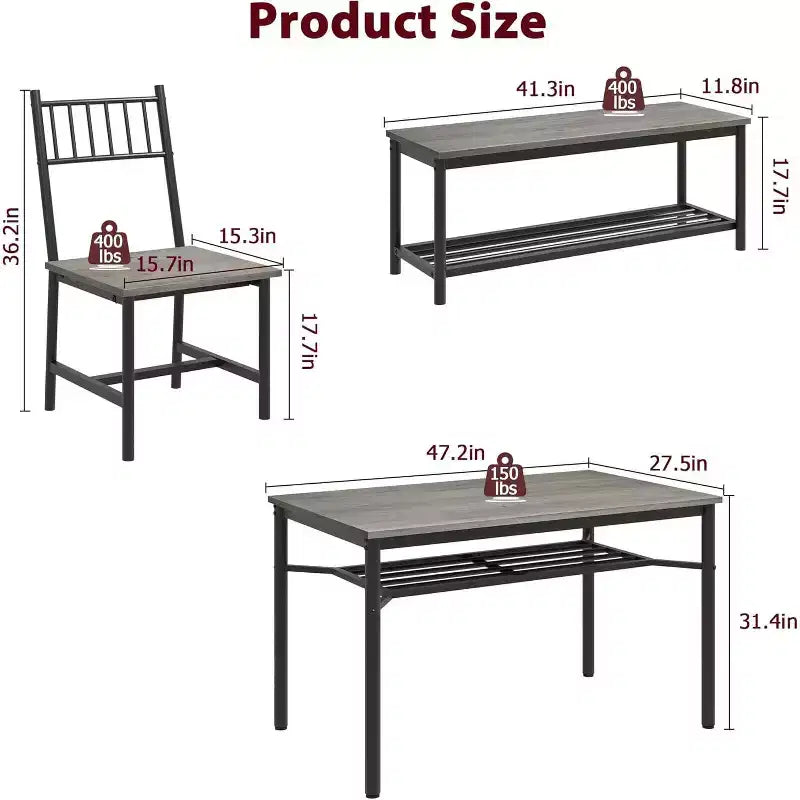 Set da Pranzo in Legno in Stile Rustico da 4 Pezzi con Panca e Sedia, Tavolo da Cucina con Ripiani Contenitori Integrati, Set Tavolo Rettangolare Salvaspazio per 4 Persone