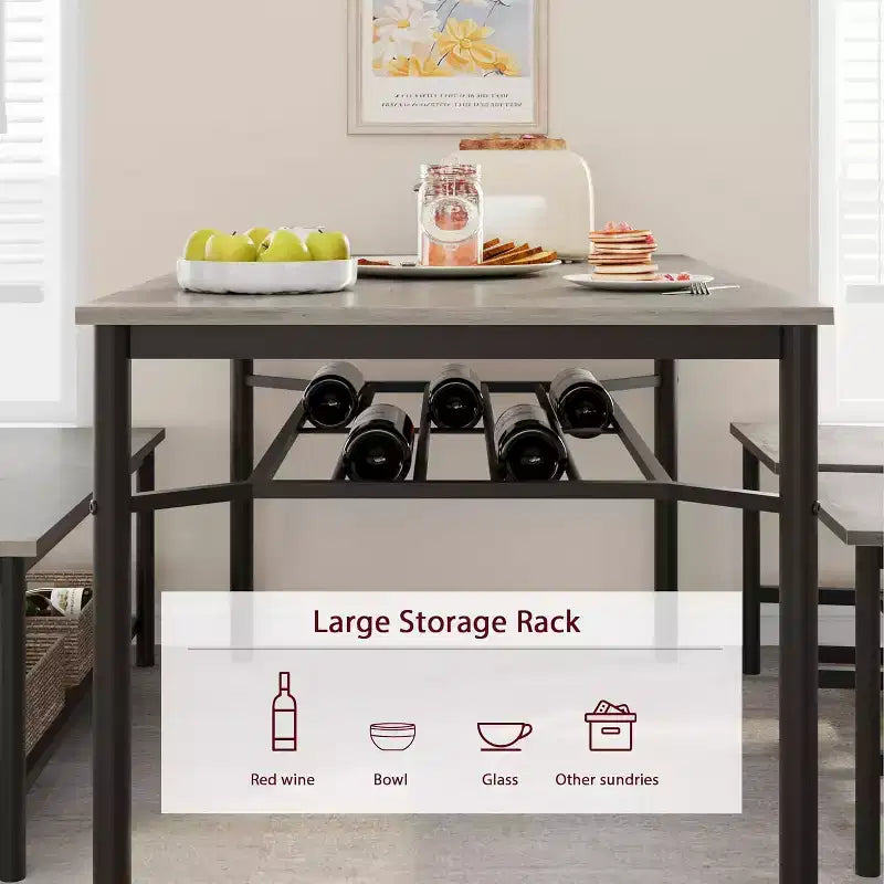 Set da Pranzo in Legno in Stile Rustico da 4 Pezzi con Panca e Sedia, Tavolo da Cucina con Ripiani Contenitori Integrati, Set Tavolo Rettangolare Salvaspazio per 4 Persone