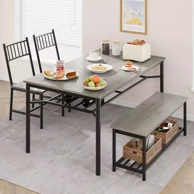 Set da Pranzo in Legno in Stile Rustico da 4 Pezzi con Panca e Sedia, Tavolo da Cucina con Ripiani Contenitori Integrati, Set Tavolo Rettangolare Salvaspazio per 4 Persone