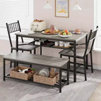 Set da Pranzo in Legno in Stile Rustico da 4 Pezzi con Panca e Sedia, Tavolo da Cucina con Ripiani Contenitori Integrati, Set Tavolo Rettangolare Salvaspazio per 4 Persone