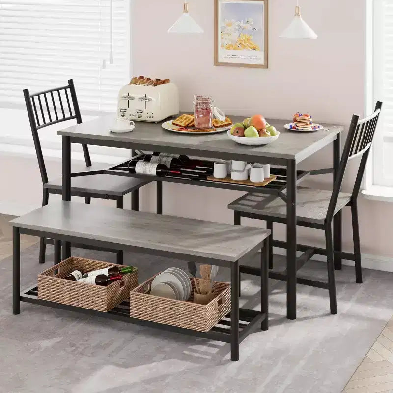 Set da Pranzo in Legno in Stile Rustico da 4 Pezzi con Panca e Sedia, Tavolo da Cucina con Ripiani Contenitori Integrati, Set Tavolo Rettangolare Salvaspazio per 4 Persone