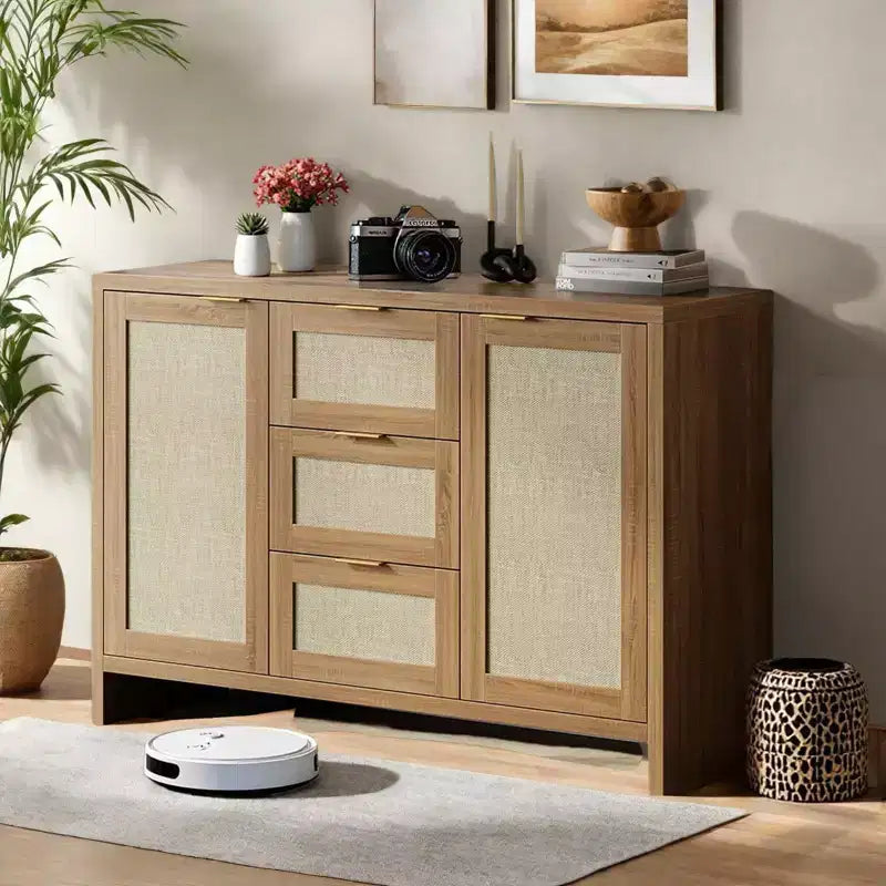 Buffet Cabinet with Storage, 47'' Modern Rattan Sideboard  Boho Credenza with 3 Drawers/Doors Adjustable Shelf Wooden Coffee Bar