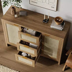 Mobile Buffet con Cassetti, Credenza Moderna in Rattan da 120 cm Stile Bohémien con 3 Cassetti/Ante, Ripiano Regolabile, Mobile Bar in Legno