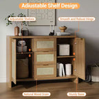 Mobile Buffet con Cassetti, Credenza Moderna in Rattan da 120 cm Stile Bohémien con 3 Cassetti/Ante, Ripiano Regolabile, Mobile Bar in Legno