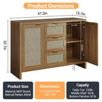 Mobile Buffet con Cassetti, Credenza Moderna in Rattan da 120 cm Stile Bohémien con 3 Cassetti/Ante, Ripiano Regolabile, Mobile Bar in Legno