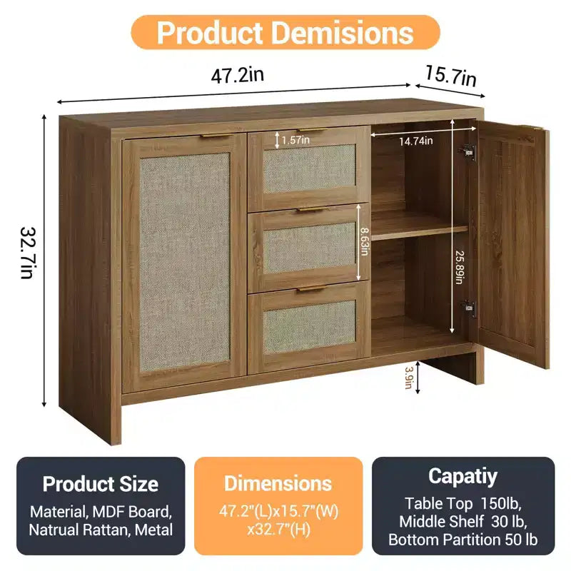 Mobile Buffet con Cassetti, Credenza Moderna in Rattan da 120 cm Stile Bohémien con 3 Cassetti/Ante, Ripiano Regolabile, Mobile Bar in Legno