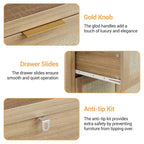 Mobile Buffet con Cassetti, Credenza Moderna in Rattan da 120 cm Stile Bohémien con 3 Cassetti/Ante, Ripiano Regolabile, Mobile Bar in Legno