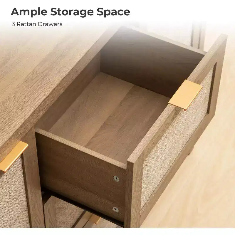 Mobile Buffet con Cassetti, Credenza Moderna in Rattan da 120 cm Stile Bohémien con 3 Cassetti/Ante, Ripiano Regolabile, Mobile Bar in Legno