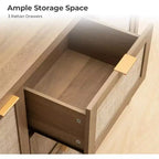 Mobile Buffet con Cassetti, Credenza Moderna in Rattan da 120 cm Stile Bohémien con 3 Cassetti/Ante, Ripiano Regolabile, Mobile Bar in Legno