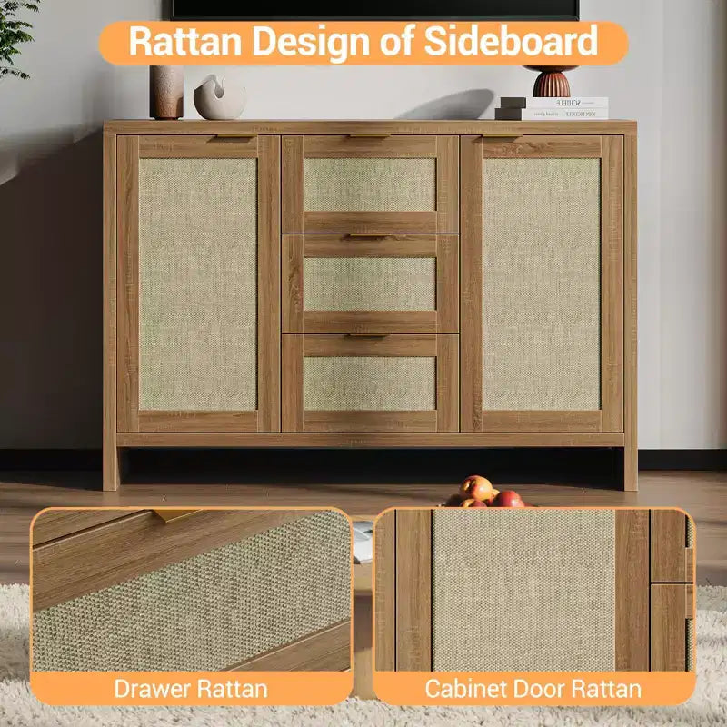 Mobile Buffet con Cassetti, Credenza Moderna in Rattan da 120 cm Stile Bohémien con 3 Cassetti/Ante, Ripiano Regolabile, Mobile Bar in Legno
