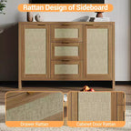 Mobile Buffet con Cassetti, Credenza Moderna in Rattan da 120 cm Stile Bohémien con 3 Cassetti/Ante, Ripiano Regolabile, Mobile Bar in Legno