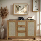 Mobile Buffet con Cassetti, Credenza Moderna in Rattan da 120 cm Stile Bohémien con 3 Cassetti/Ante, Ripiano Regolabile, Mobile Bar in Legno