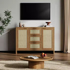 Mobile Buffet con Cassetti, Credenza Moderna in Rattan da 120 cm Stile Bohémien con 3 Cassetti/Ante, Ripiano Regolabile, Mobile Bar in Legno