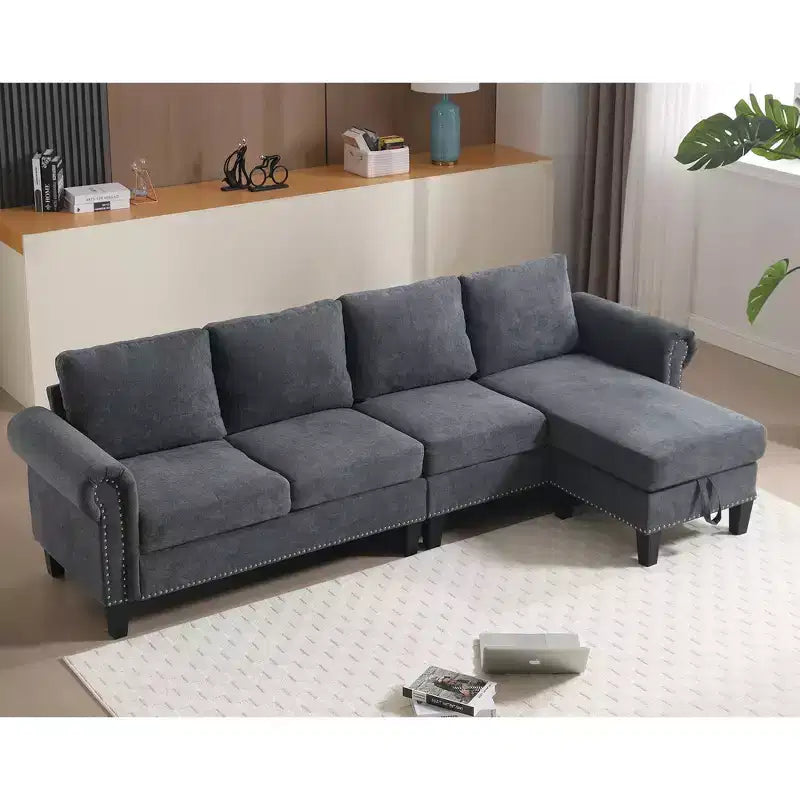 GDFStudio Yorin 106 Divano Letto Trasformabile Moderno a L in Velluto a 4 Posti con Pouf Contenitore