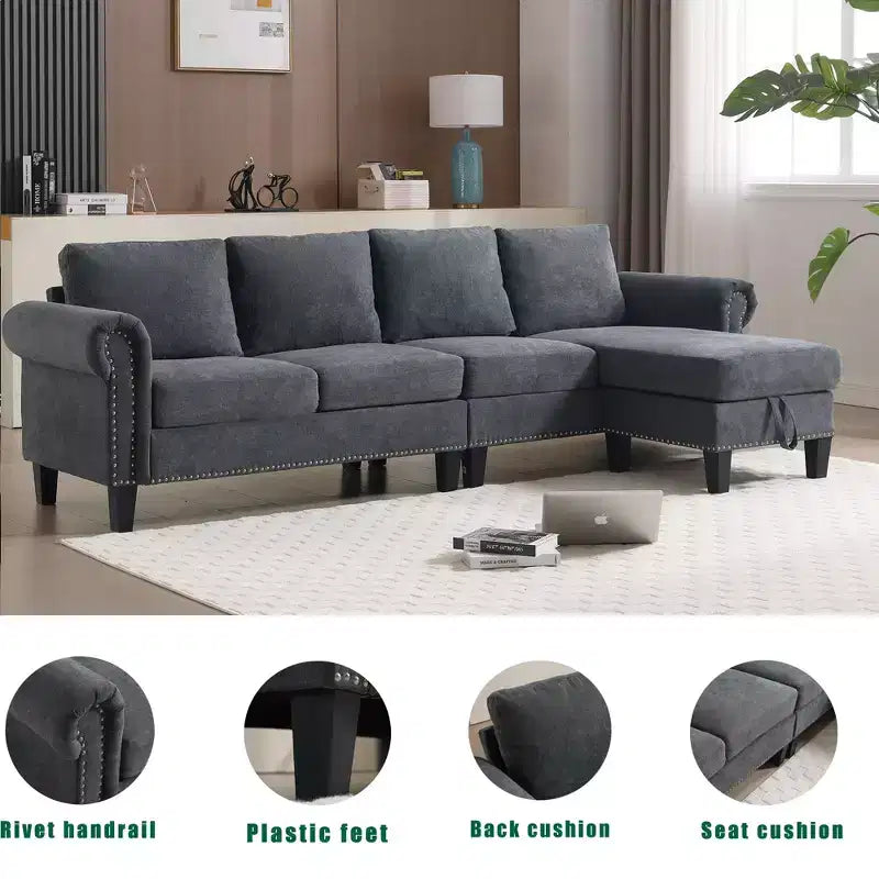 GDFStudio Yorin 106 Divano Letto Trasformabile Moderno a L in Velluto a 4 Posti con Pouf Contenitore