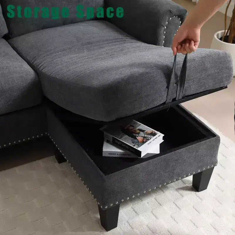GDFStudio Yorin 106 Divano Letto Trasformabile Moderno a L in Velluto a 4 Posti con Pouf Contenitore