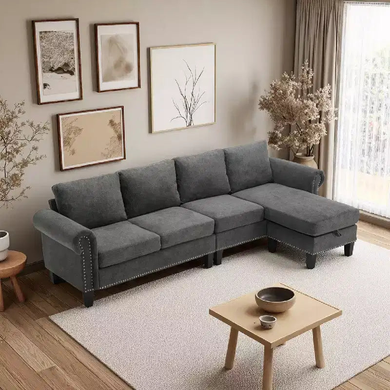 GDFStudio Yorin 106 Divano Letto Trasformabile Moderno a L in Velluto a 4 Posti con Pouf Contenitore