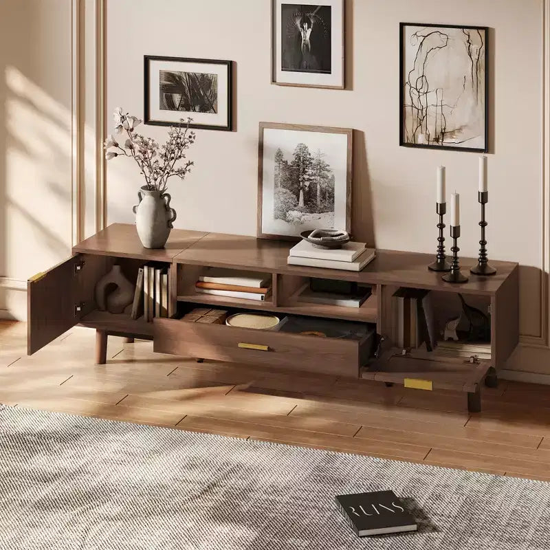 Mobile TV in legno marrone da 67 pollici per TV fino a 75 pollici, con ante a chiusura ammortizzata e anta a ribalta per soggiorno e camera da letto