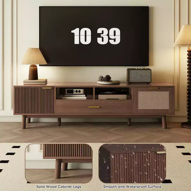 Mobile TV in legno marrone da 67 pollici per TV fino a 75 pollici, con ante a chiusura ammortizzata e anta a ribalta per soggiorno e camera da letto