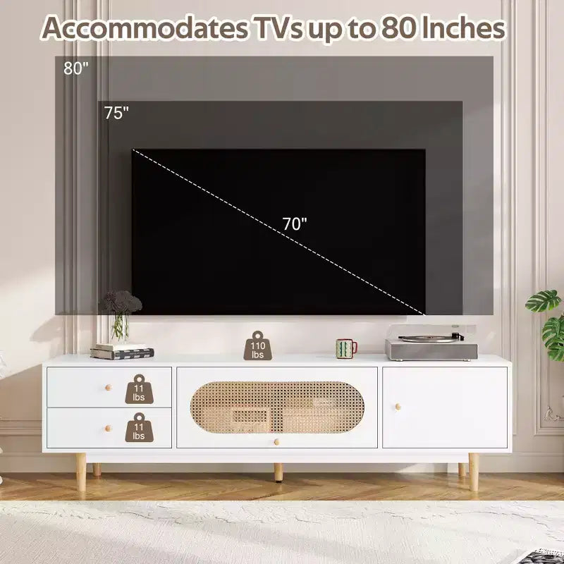 Mobile TV bianco da 70 pollici per TV fino a 80 pollici, tavolo console TV con cassetti per soggiorno e camera da letto