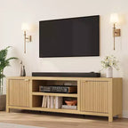 Fluted TV Stand for 80 in, Modern Entertainment Center with Storage, Wooden Media Console Cabinet with Fluted Door and Gold Handle, Natural Oak