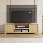 Mobile TV scanalato per 80 pollici, mobile TV moderno con contenitore, mobile console multimediale in legno con anta scanalata e maniglia dorata, rovere naturale
