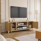 Mobile TV scanalato per 80 pollici, mobile TV moderno con contenitore, mobile console multimediale in legno con anta scanalata e maniglia dorata, rovere naturale