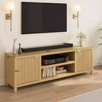 Mobile TV scanalato per 80 pollici, mobile TV moderno con contenitore, mobile console multimediale in legno con anta scanalata e maniglia dorata, rovere naturale