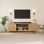 Mobile TV scanalato per 80 pollici, mobile TV moderno con contenitore, mobile console multimediale in legno con anta scanalata e maniglia dorata, rovere naturale