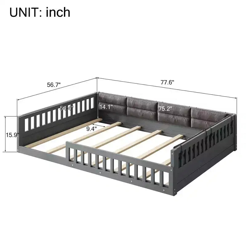 Letto a piattaforma imbottito TUYOHW a grandezza naturale con spondine di sicurezza, letto a terra a doghe in robusto legno di pino, letto a basso profilo resistente, capacità 272 kg