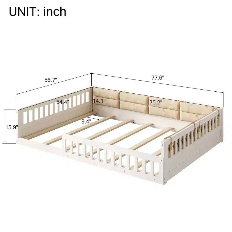 Letto a piattaforma imbottito TUYOHW a grandezza naturale con spondine di sicurezza, letto a terra a doghe in robusto legno di pino, letto a basso profilo resistente, capacità 272 kg