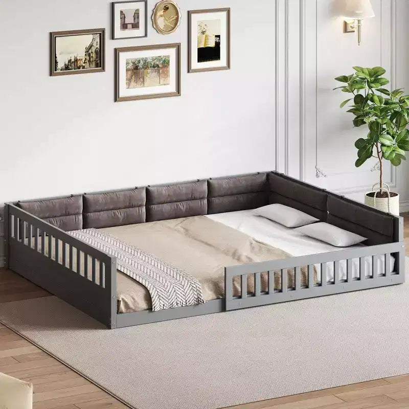 Letto a piattaforma imbottito TUYOHW a grandezza naturale con spondine di sicurezza, letto a terra a doghe in robusto legno di pino, letto a basso profilo resistente, capacità 272 kg