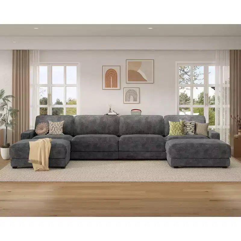 Divano Sezionale Modulare Dyonery Oversized 160, Comodo Divano Cloud a U a 6 Posti con 2 Cuscini e 2 Pouf Mobili, Chenille