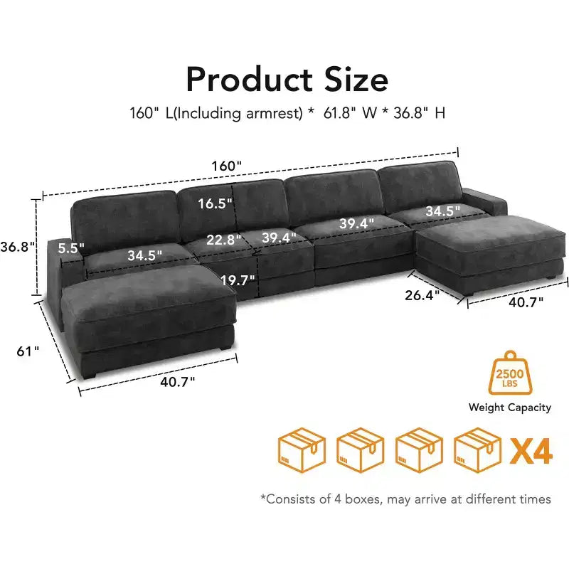 Divano Sezionale Modulare Dyonery Oversized 160, Comodo Divano Cloud a U a 6 Posti con 2 Cuscini e 2 Pouf Mobili, Chenille