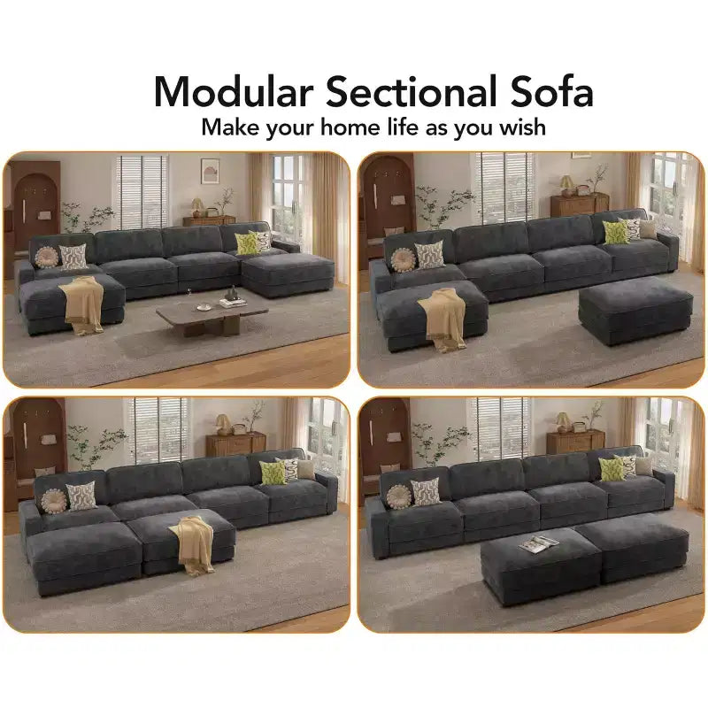 Divano Sezionale Modulare Dyonery Oversized 160, Comodo Divano Cloud a U a 6 Posti con 2 Cuscini e 2 Pouf Mobili, Chenille