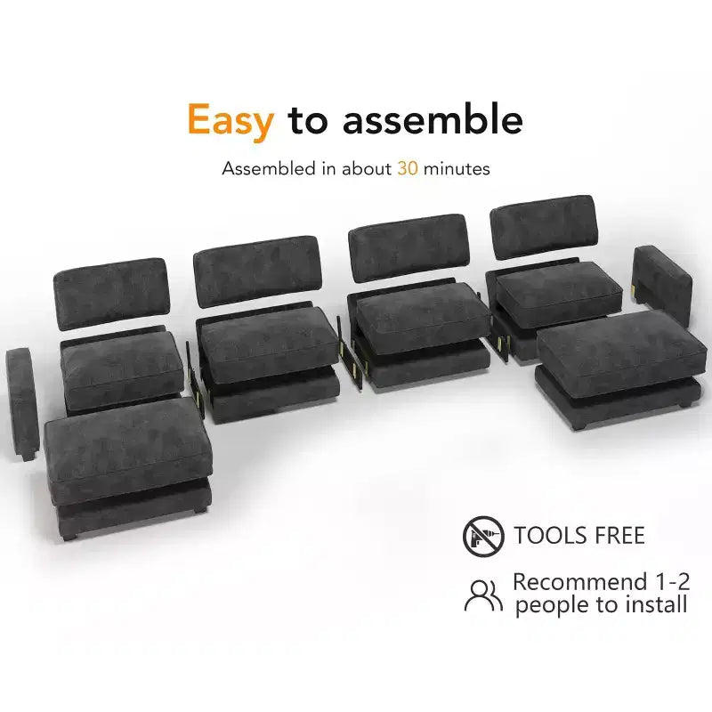 Divano Sezionale Modulare Dyonery Oversized 160, Comodo Divano Cloud a U a 6 Posti con 2 Cuscini e 2 Pouf Mobili, Chenille