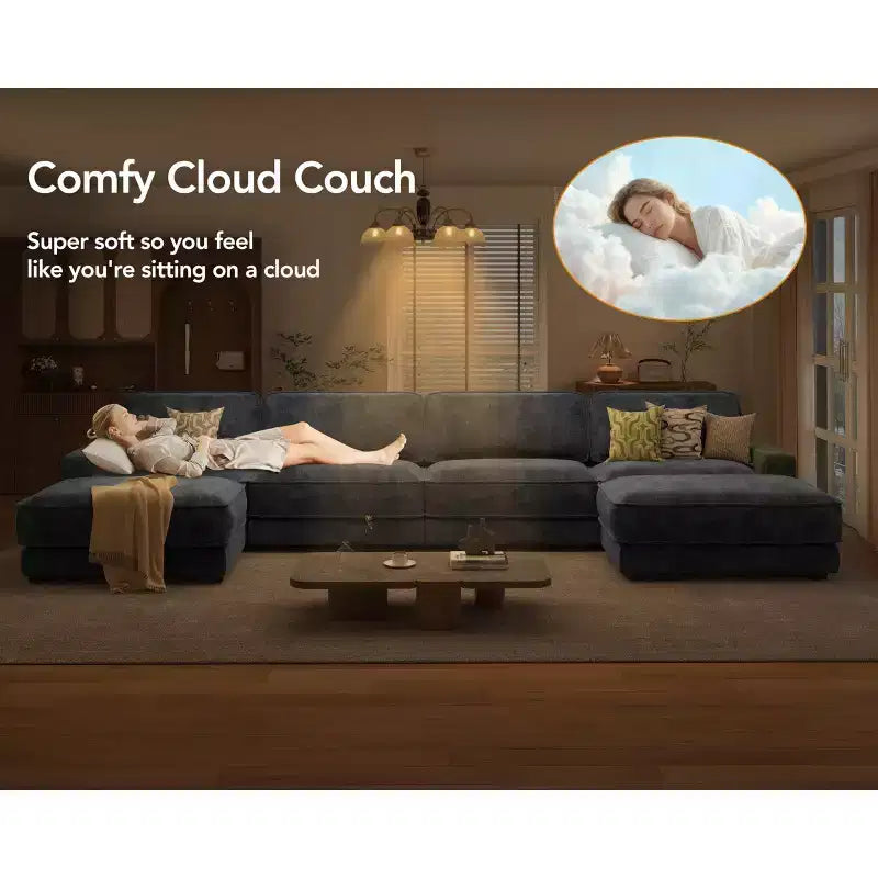 Divano Sezionale Modulare Dyonery Oversized 160, Comodo Divano Cloud a U a 6 Posti con 2 Cuscini e 2 Pouf Mobili, Chenille