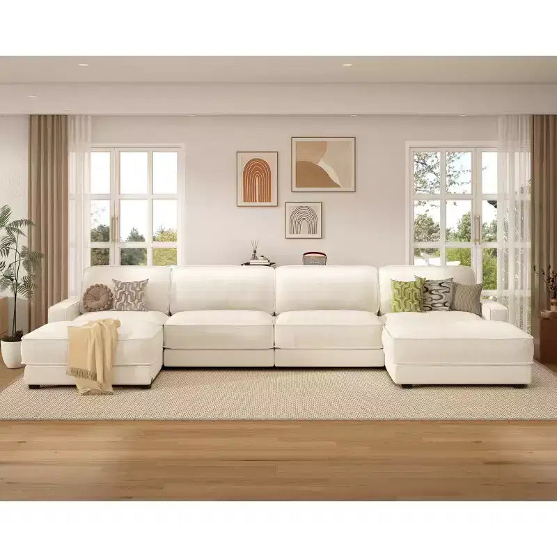 Divano Sezionale Modulare Dyonery Oversized 160, Comodo Divano Cloud a U a 6 Posti con 2 Cuscini e 2 Pouf Mobili, Chenille