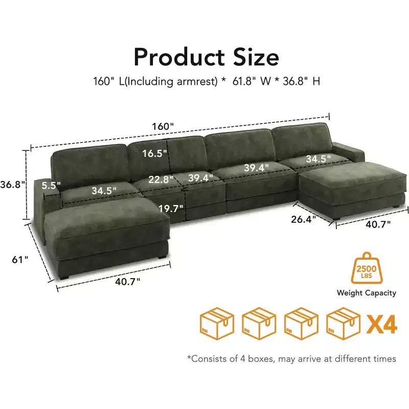 Divano Sezionale Modulare Dyonery Oversized 160, Comodo Divano Cloud a U a 6 Posti con 2 Cuscini e 2 Pouf Mobili, Chenille